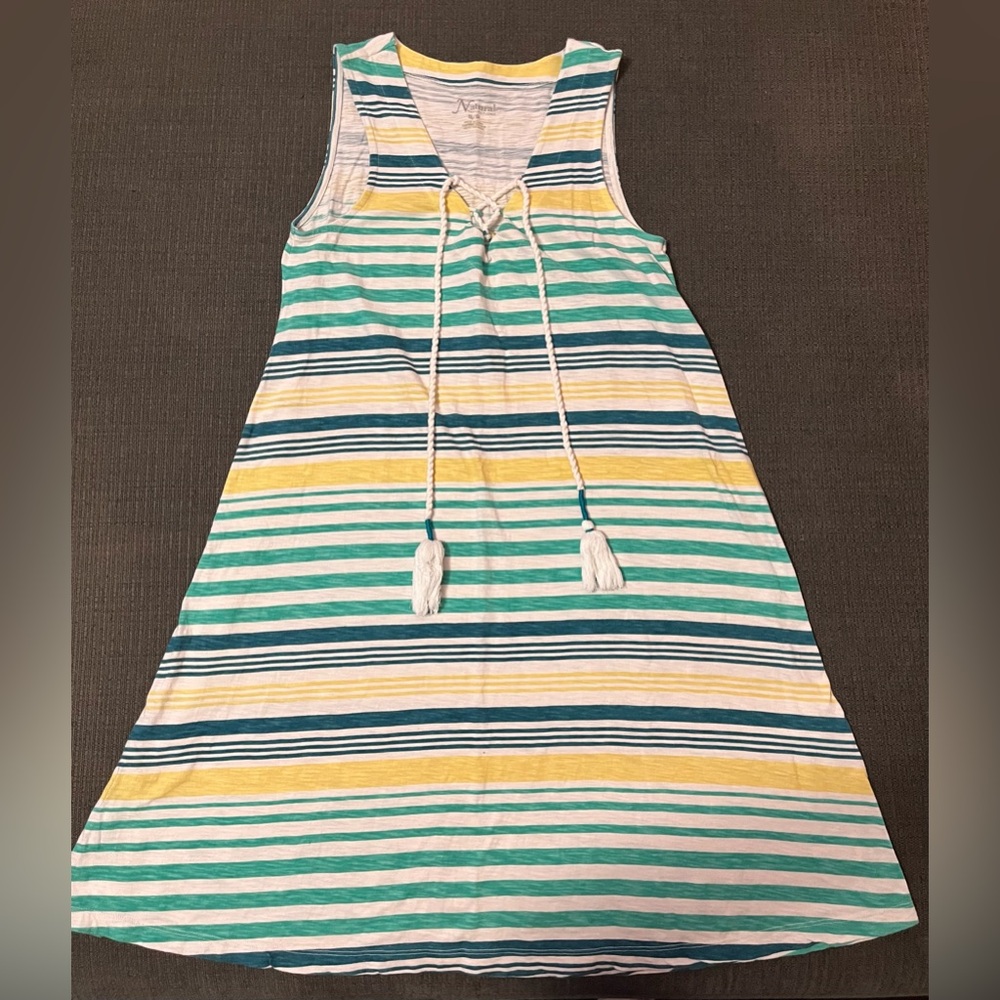 Sleeveless Striped Casual Dress in Greens, Yellow & White Oversized Small